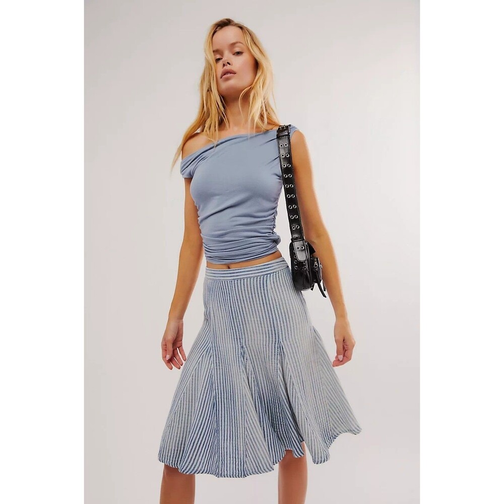 Free People Candace Midi Skirt Striped Print Pull On Low Rise Godet M NWT 286162 - Picture 2 of 8